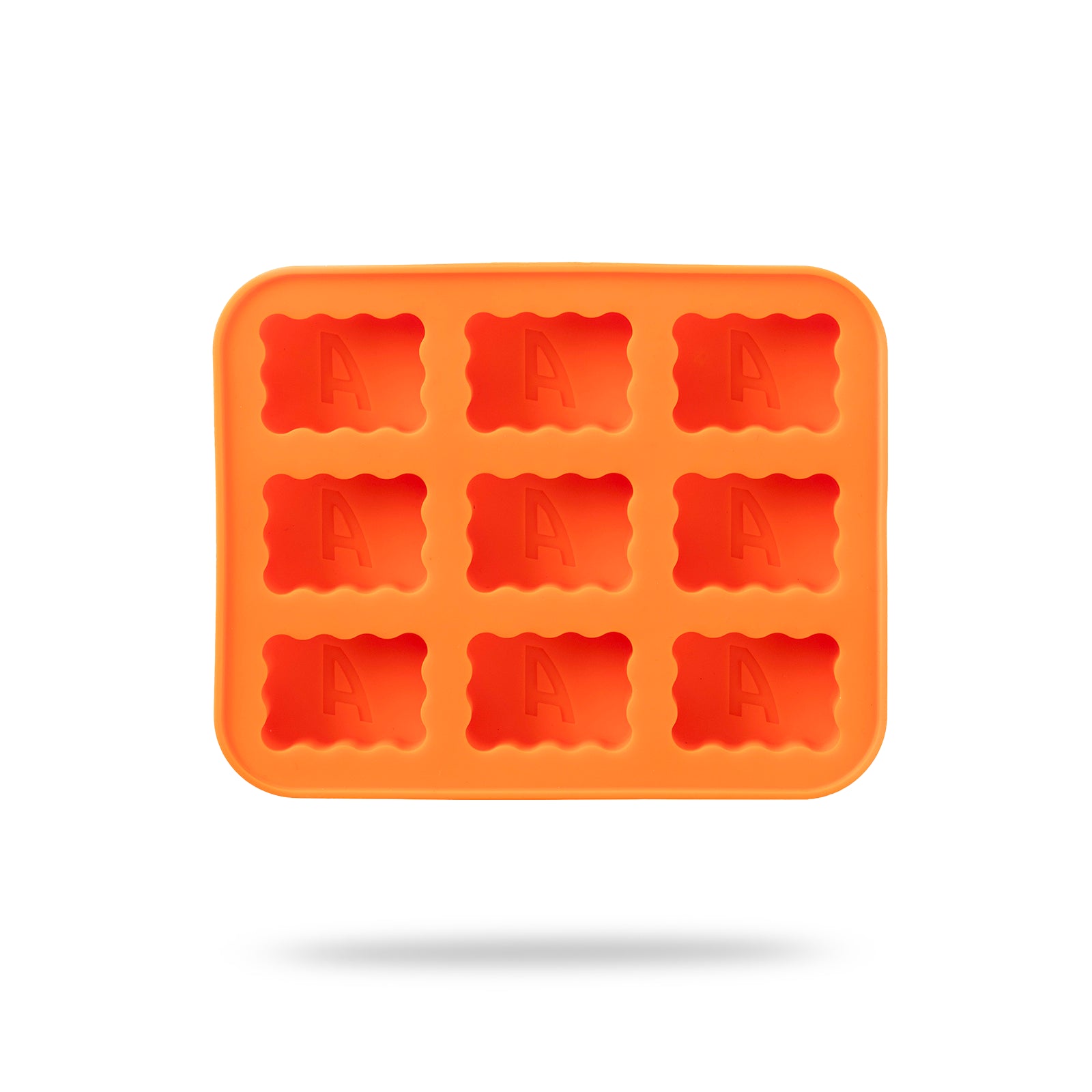 Top view of an orange Aperol Spritz silicone ice cube tray with nine rectangular molds, each featuring a raised 'A' logo and wavy edges
